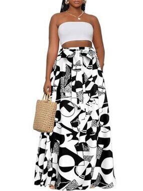 Women’s High Waist Abstract Print Maxi Skirt with Pockets Tie Elastic Waist